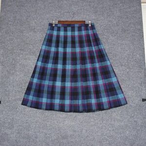 Vintage Tan Jay Plaid Pleated Wool Blend Midi Skirt Size 14 Blue Teal Pink Cute